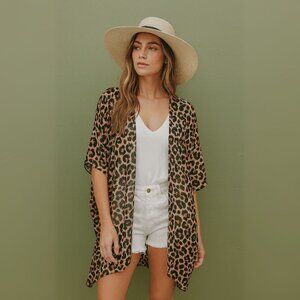 Leopard Print Kimono Coverup with Wide Brim Straw Hat Combo Set